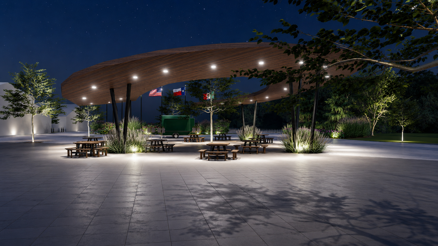 CEP horseshoe pavilion lit at night
