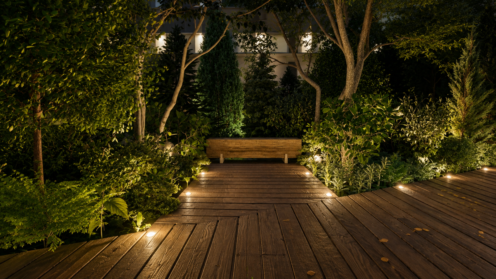 Forest Parkette illuminated bench among trees