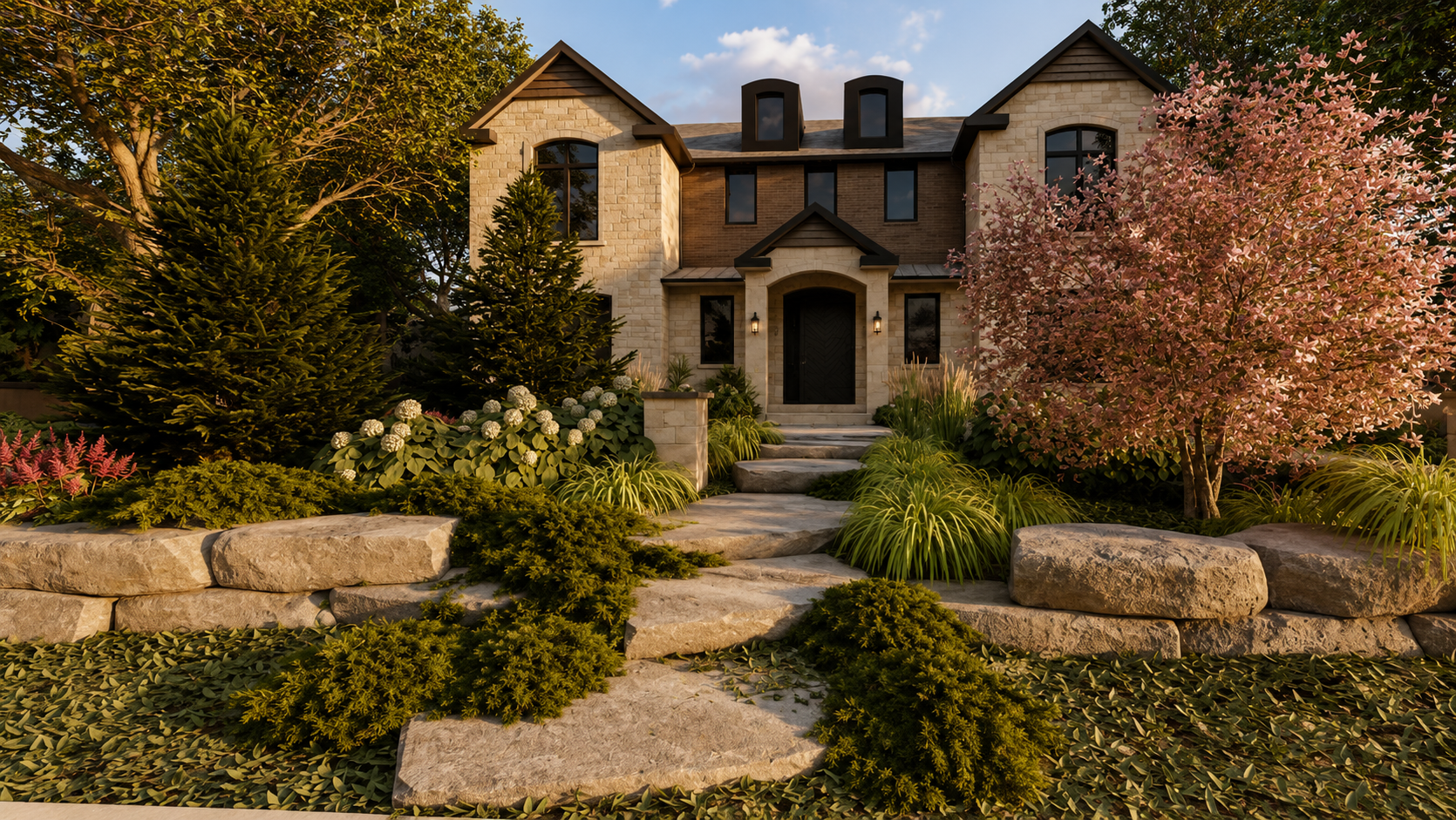 Sevazlian residence stone facade with landscape lighting