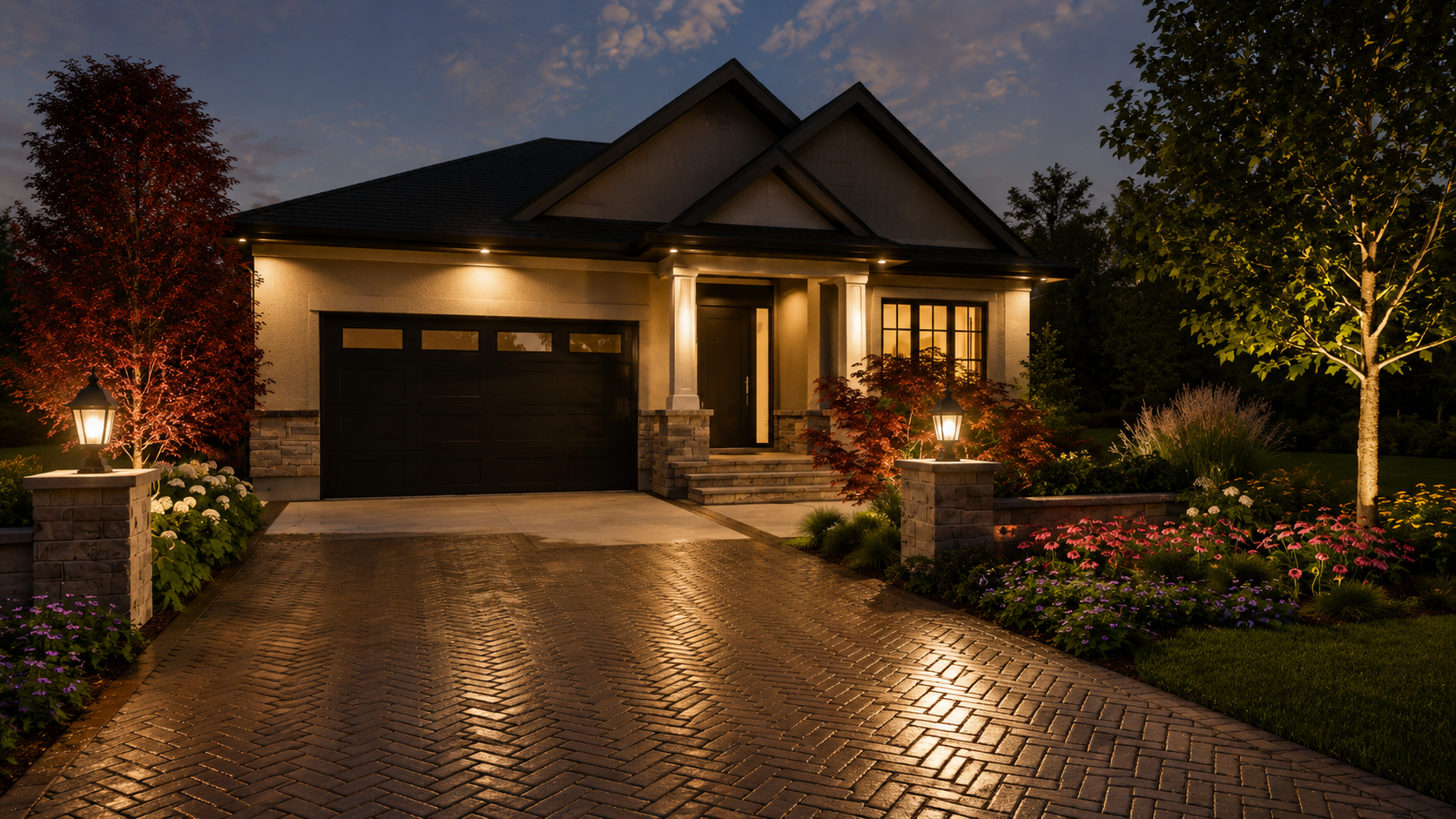 Verdant residence illuminated front yard at night